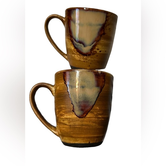 SANGO Splash Brown Drip Glazed Pottery Coffee Mugs Cups Set of 2 Gorgeous Finish - Picture 2 of 4